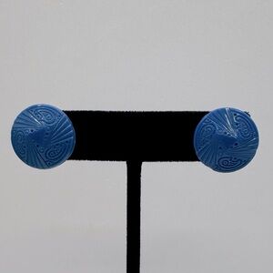 VINTAGE Blue Glass Molded Button Earrings